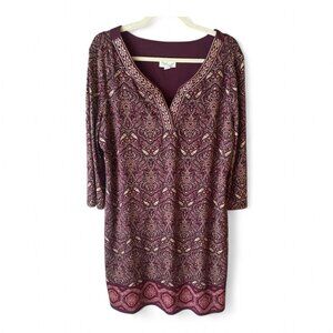 Magnolia Grace Paisley Boho Maroon XXL 3/4 Sleeve Shift Dress knee length